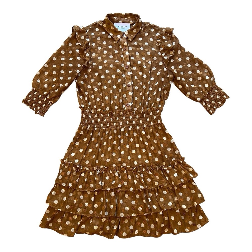 The Shirt Rochelle Behrens Dress XS Brown Polka Dot Ruffle Tiered Smocked